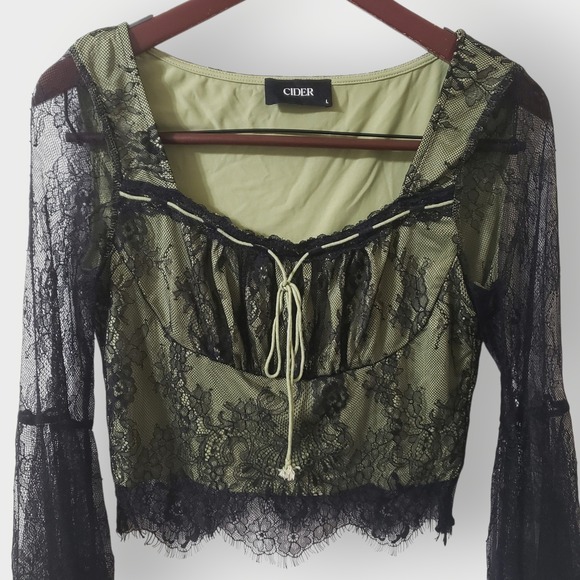 Cider Green Black Lace Flare Long Bell Sleeve Crop Top Fairycore Goth Large - Picture 2 of 12